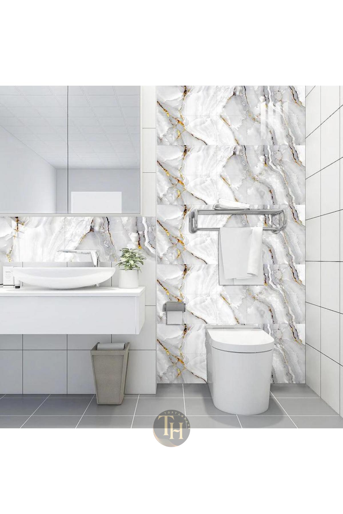 Banyo%20Duvarı%20Kaplama%20Yapışkanlı%20Köpük%20Beyaz%20Gold%20Mermer%20Desenli%20Karo%20Sticker%20Pvc%20Panel%2060x30cm